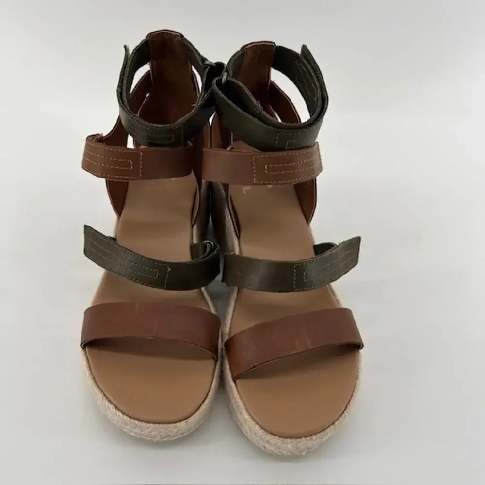 Sorel Cameron Wedge Multi-Strap Sandals Womens 8.5 Green Brown Leather Comfort